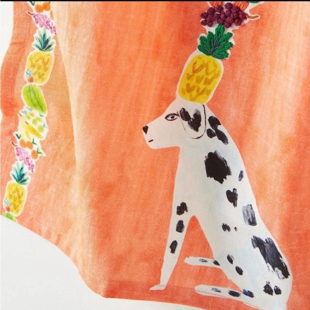 NEW Anthropologie Bailey Dog Fruit Kitchen Towel Embroidered - Coral - Picture 2 of 5